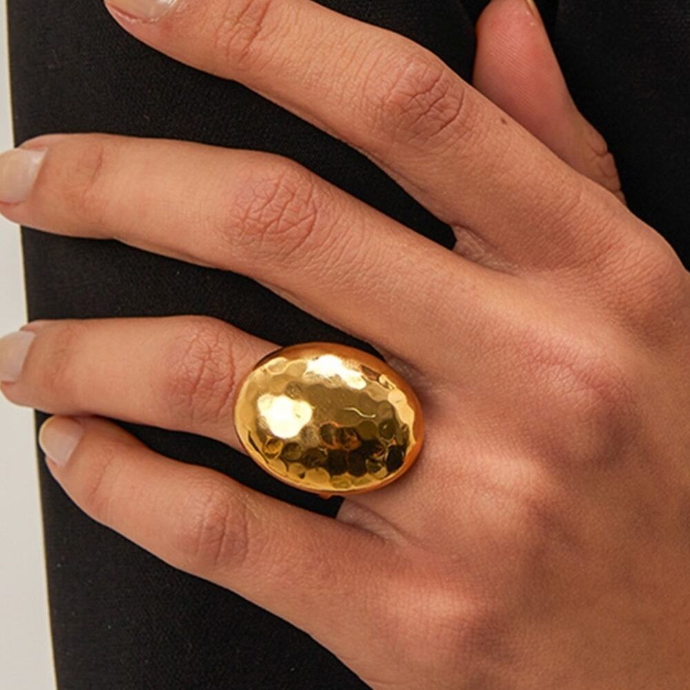Gold Plated Hammered Dome Adjustable Statement Ring Chunky Jewelry